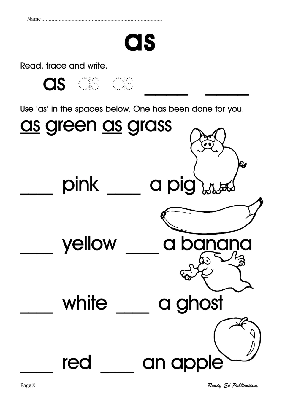 Sight word 'as': trace and write it, then complete similes like 'as pink as a pig' and 'as red as an apple'