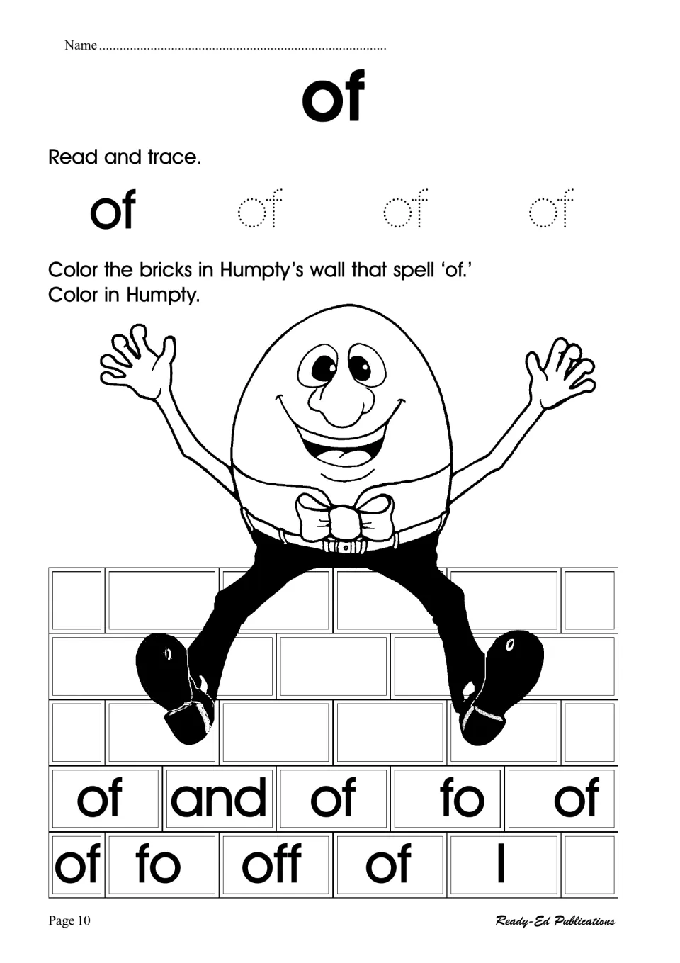 Sight word 'of': read and trace it, then color the bricks in Humpty's wall that spell 'of', not fo, off or and