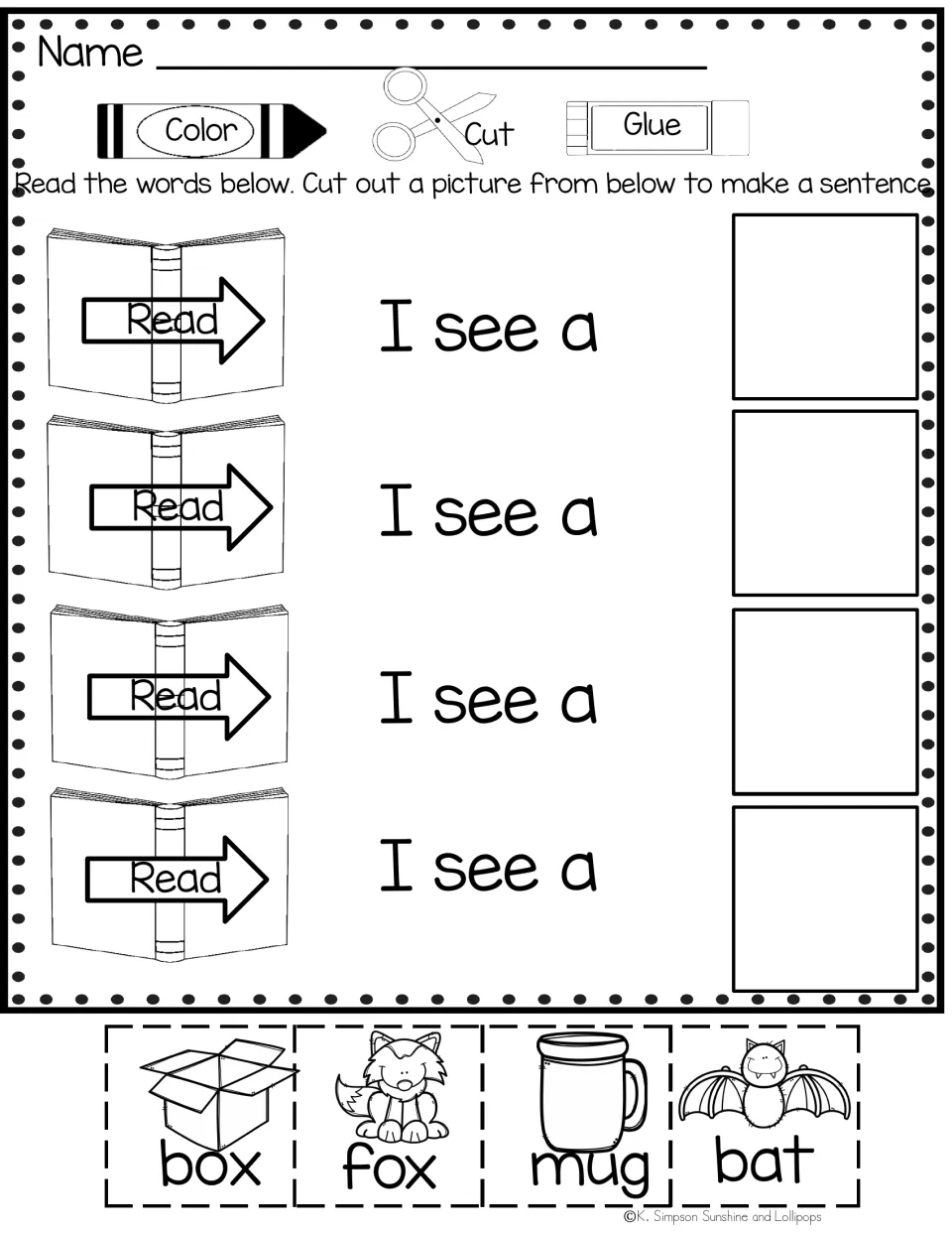 Sight word activity repeating 'I see a' four times, with box, fox, mug, and bat picture labels to cut and glue.