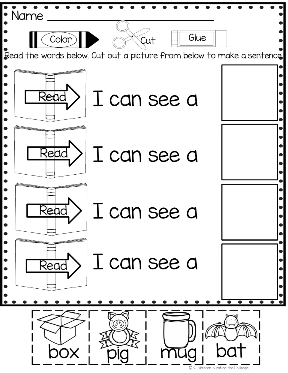 Sight word activity repeating 'I can see a' four times, with box, pig, mug, and bat picture labels to cut and glue.