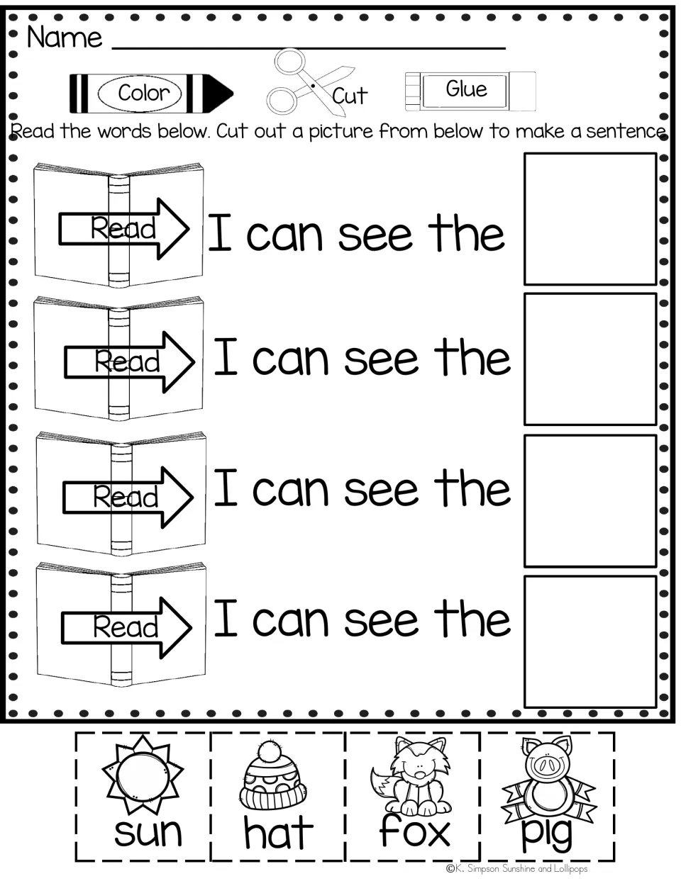 Sight word activity repeating 'I can see the' four times, with sun, hat, fox, and pig picture labels to cut and glue.