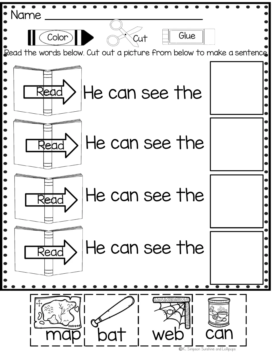 Sight word activity repeating 'He can see the' four times, with map, bat, web, and can picture labels to cut and glue.