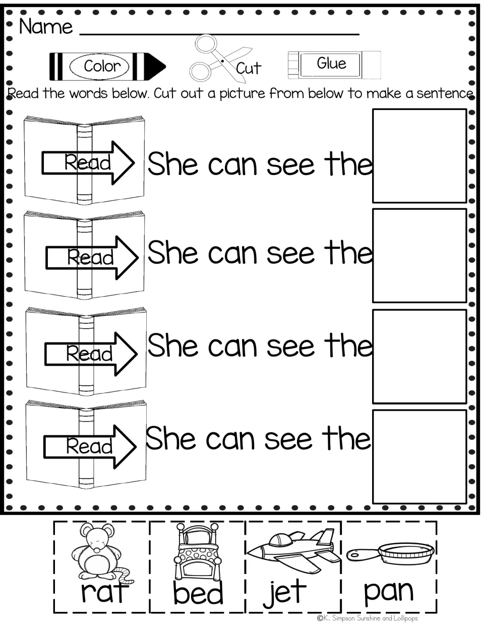 Sight word activity repeating 'She can see the' four times, with rat, bed, jet, and pan picture labels to cut and glue.