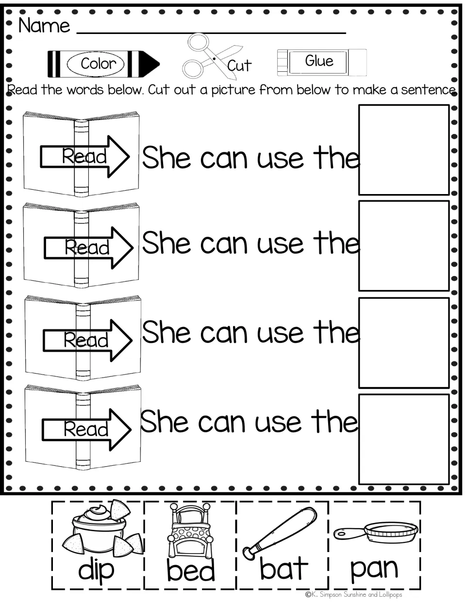 Sight word activity repeating 'She can use the' four times, with dip, bed, bat, and pan picture labels to cut and glue.
