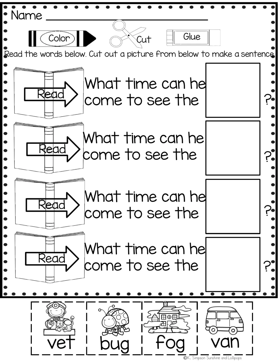 Sight word activity: 'What time can he come to see the' repeated four times, with vet, bug, fog, and van cutouts.