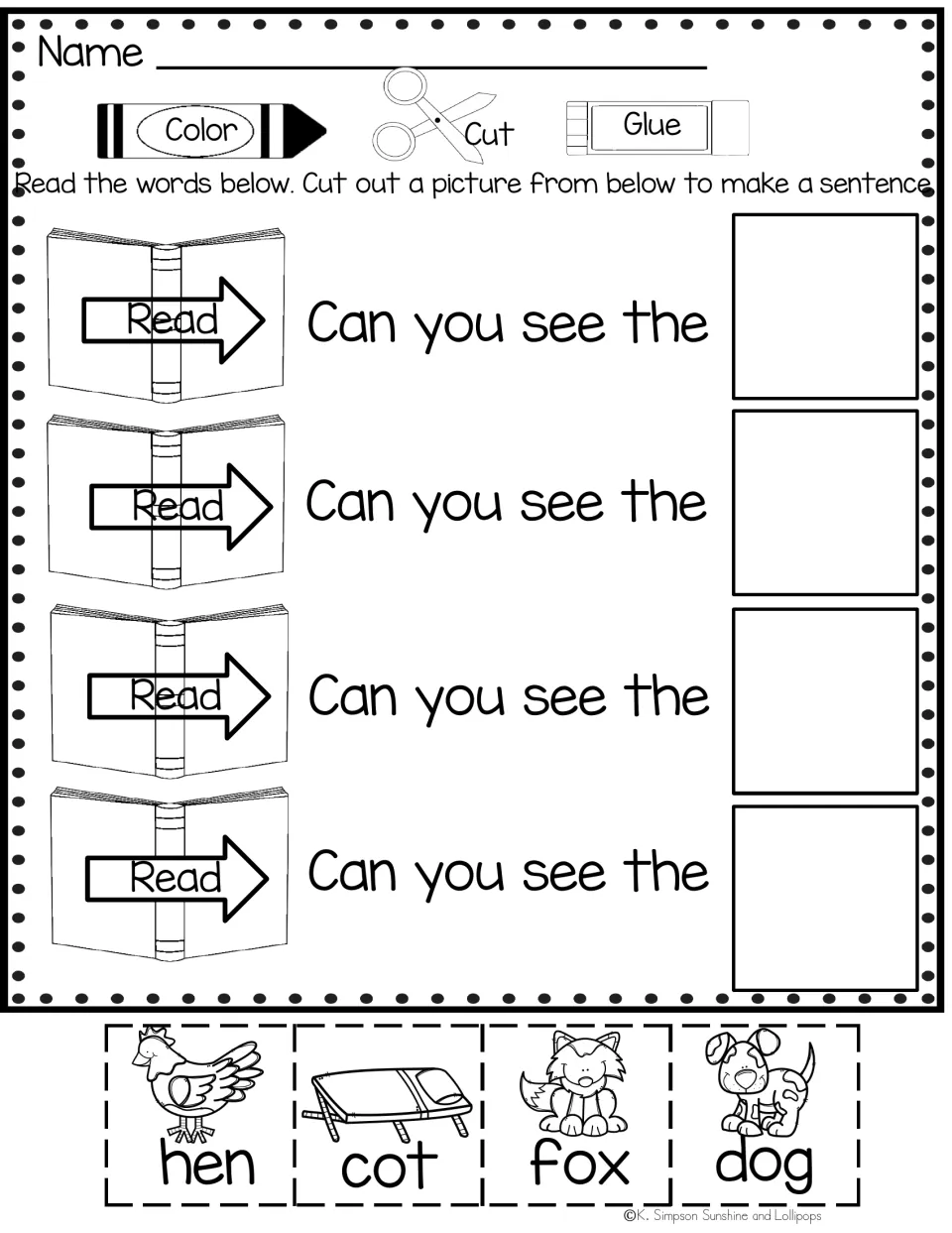 Sight word activity repeating 'Can you see the' four times, with hen, cot, fox, and dog picture labels to cut and glue.