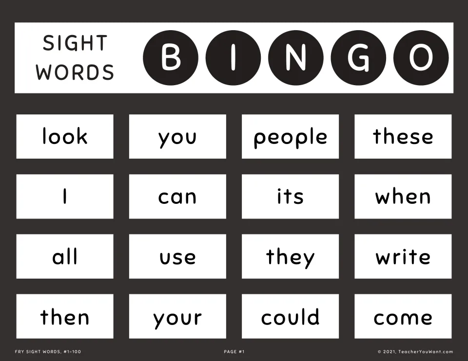 Sight word bingo card 1: students find and mark Fry words as called, including look, you, people, these, can and write