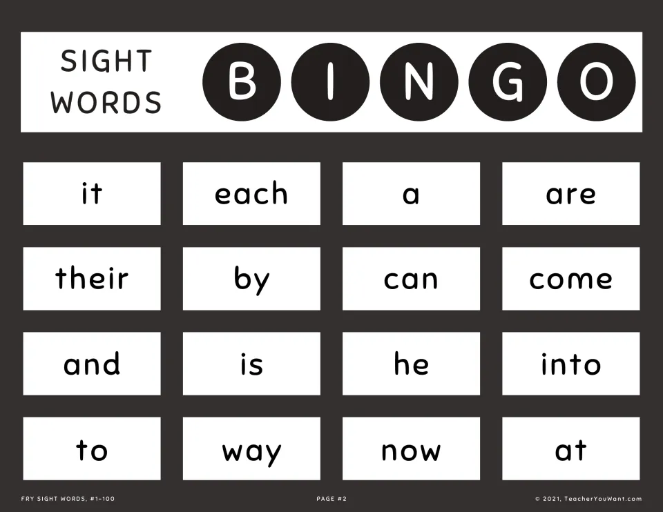 Sight word bingo card 2: students listen and cover called Fry words such as it, each, their, by, and, into, way and now