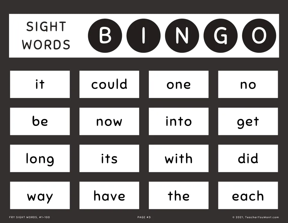 Sight word bingo card 3: players read and mark Fry words when called, among them could, one, no, get, long, with and did
