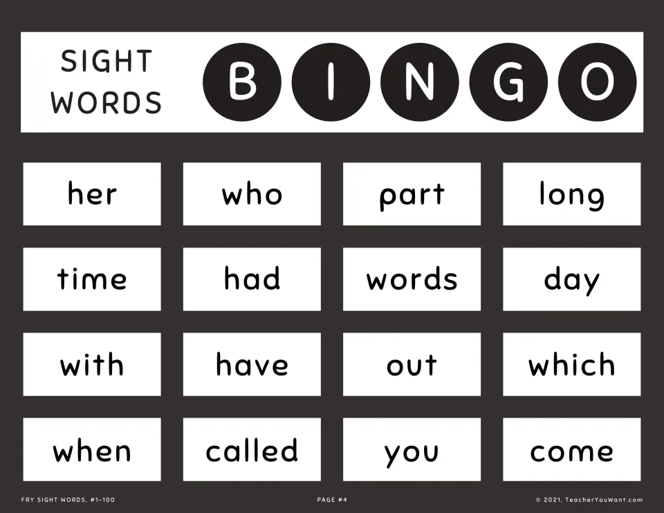 Sight word bingo card 4: students spot called Fry words on the card, including her, who, part, time, words and which