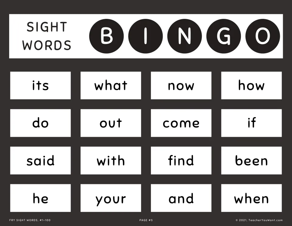 Sight word bingo card 5: players recognize and cover Fry words as they are read aloud, such as what, how, said and been