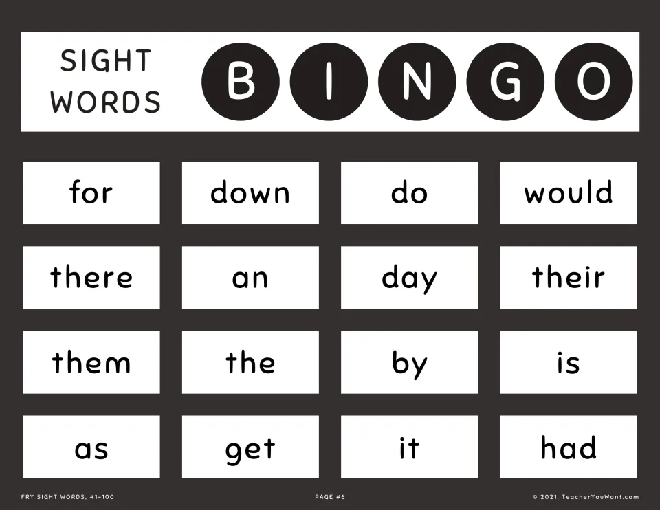 Sight word bingo card 6: students match called Fry words to their card, among them for, down, would, there, them and had