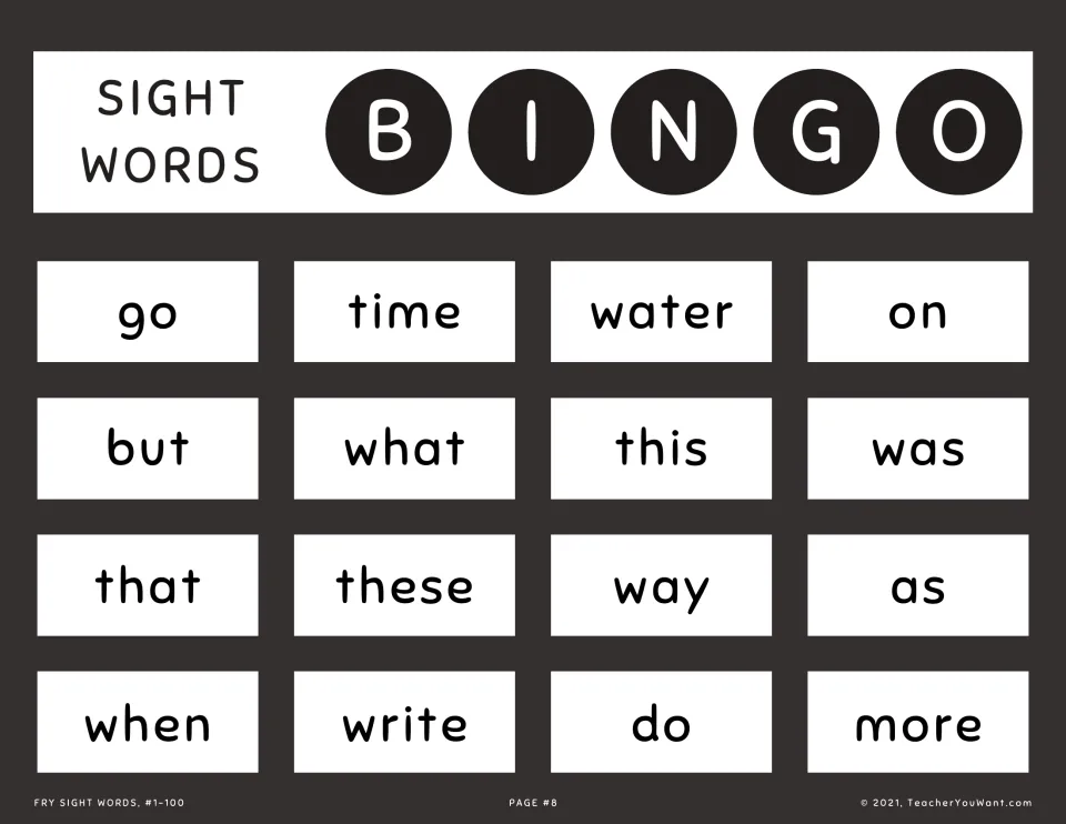 Sight word bingo card 8: students cover called Fry words, including go, time, water, on, this, was, that, these and more