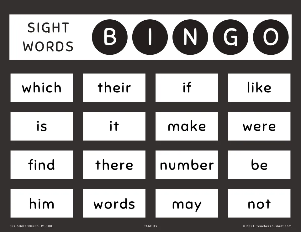 Sight word bingo card 9: players listen for and mark Fry words such as which, like, make, were, number, him, may and not