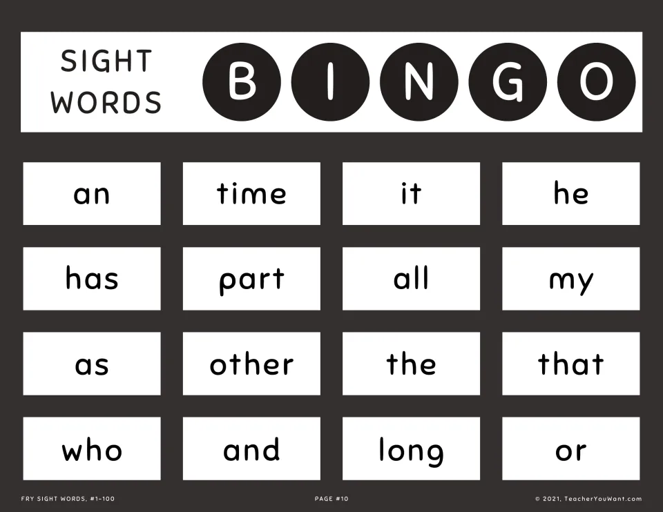 Sight word bingo card 10: students recognize and mark called Fry words, among them an, has, my, other, that, long and or