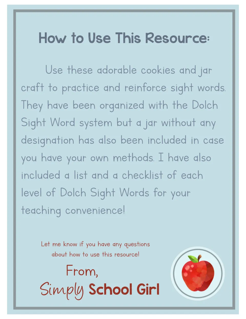 How to Use This Resource: notes on the cookie and jar craft, Dolch-based jars, a blank jar, word lists and checklists