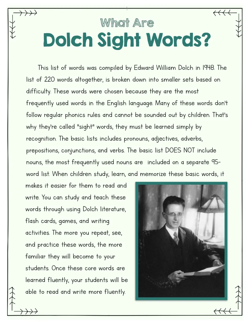 What Are Dolch Sight Words? Background on the 220-word list compiled by Edward William Dolch in 1948, with his photo