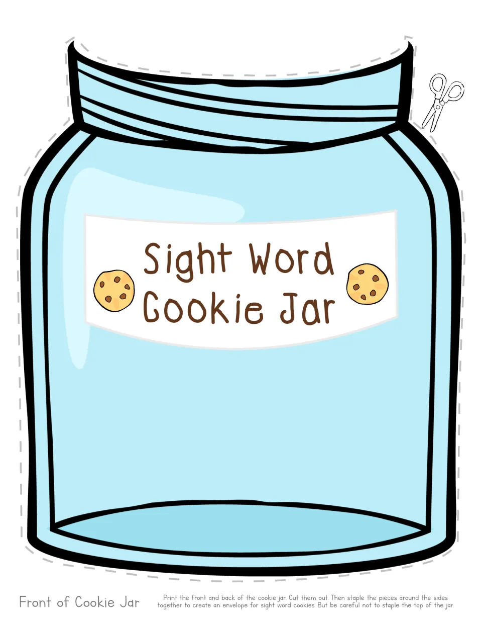 Cookie jar cut-out: general front piece labeled for sight words, with directions to cut and staple it into an envelope