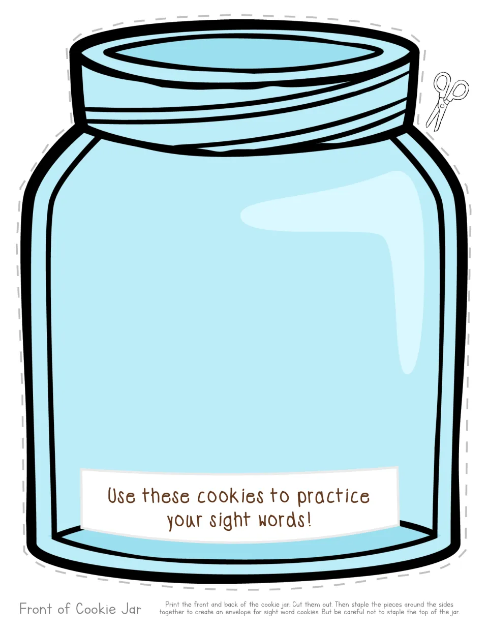 Matching jar cut-out with the label 'Use these cookies to practice your sight words!', stapled to its partner piece