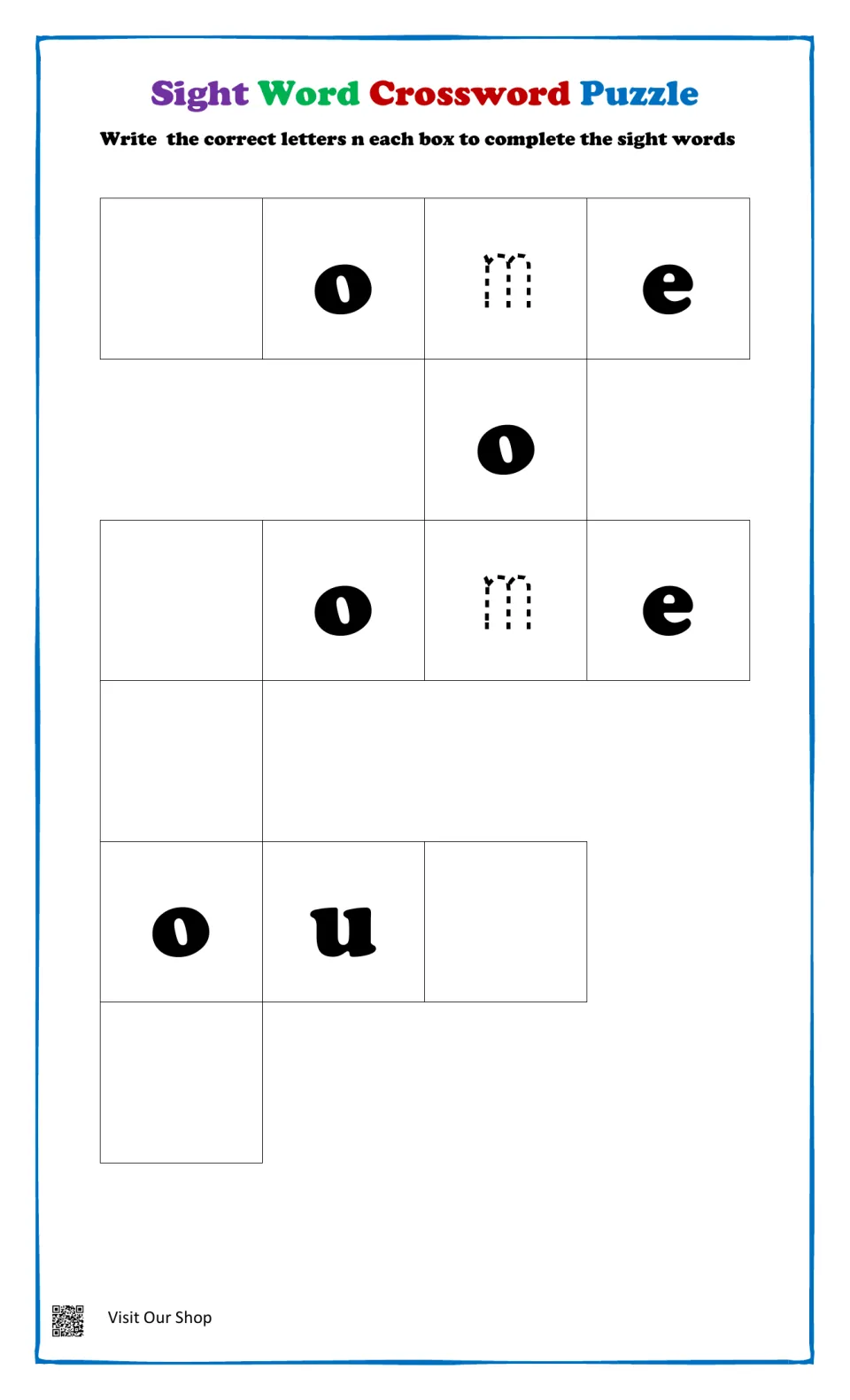 Spelling crossword: students trace m in two words ending in -ome and fill blanks in a word starting o, u