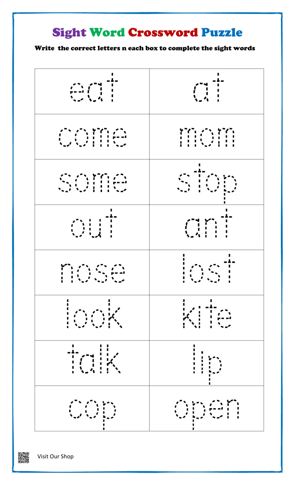 Tracing list of 16 dotted words: eat, at, come, mom, some, stop, out, ant, nose, lost, look, kite, talk, lip, cop, open