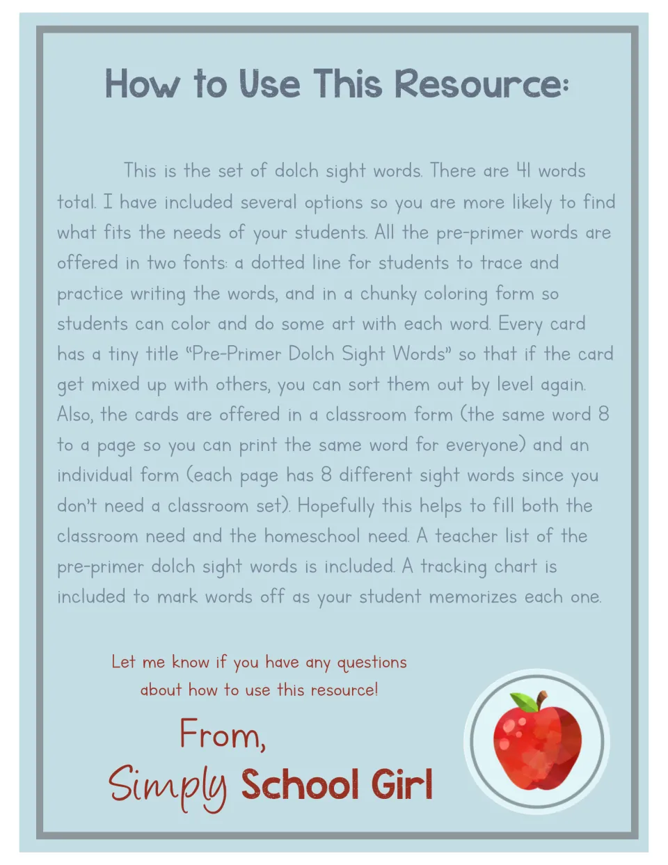 Resource directions describe tracing and coloring word cards, classroom and individual forms, and word tracking.