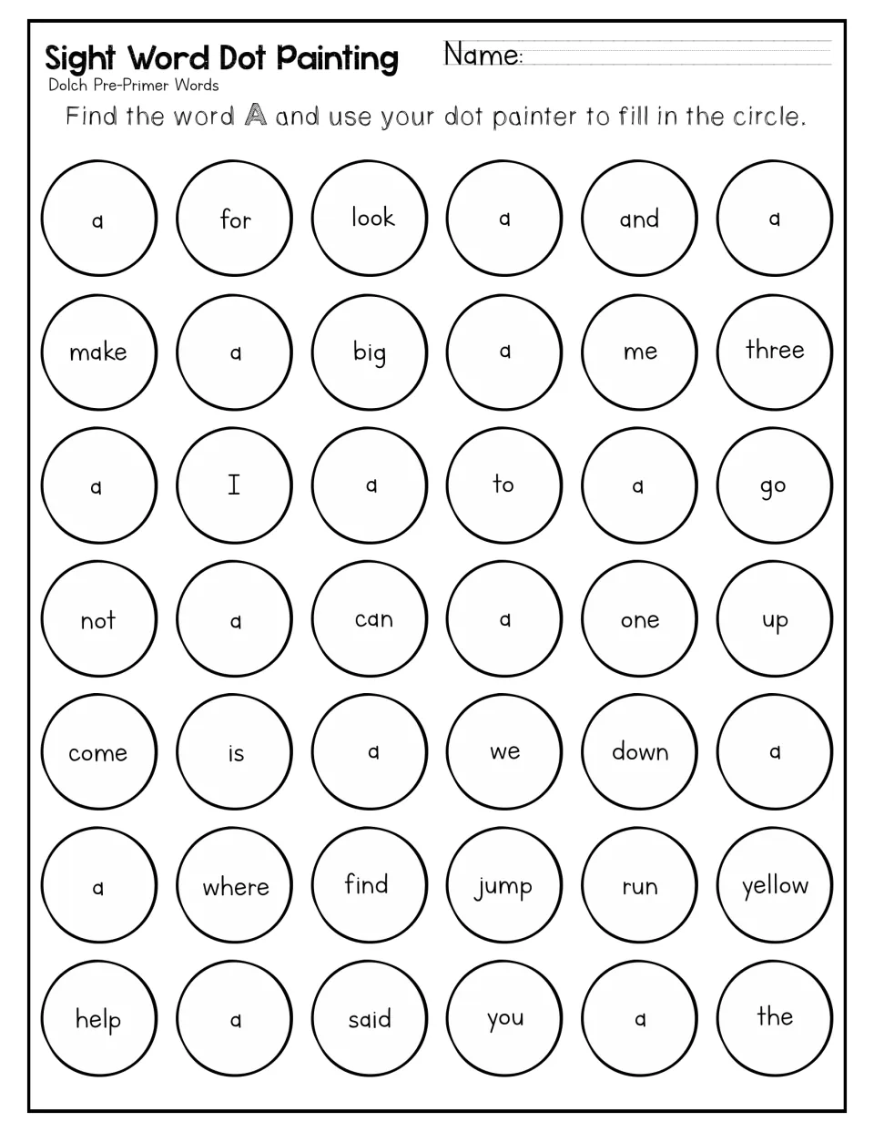 Dot-painting practice for 'a' asks students to find and mark it among words such as for, look, and, and make.