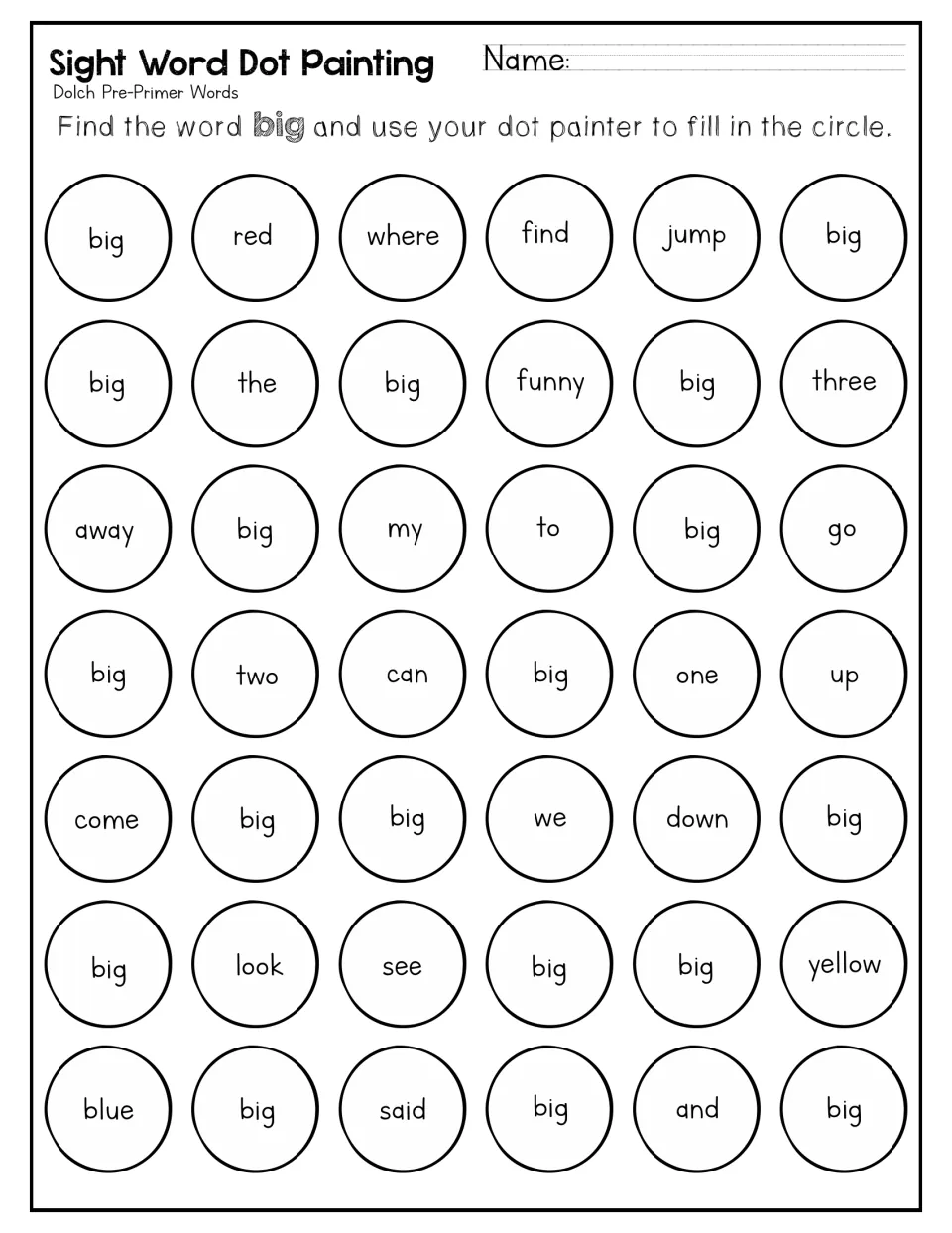 Dot-painting practice for 'big' asks students to mark each match among words such as red, where, find, and jump.