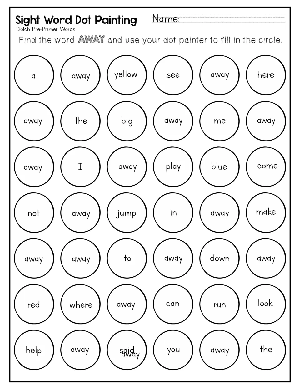 Dot-painting practice for 'away' asks students to find and mark it among words such as yellow, see, and here.
