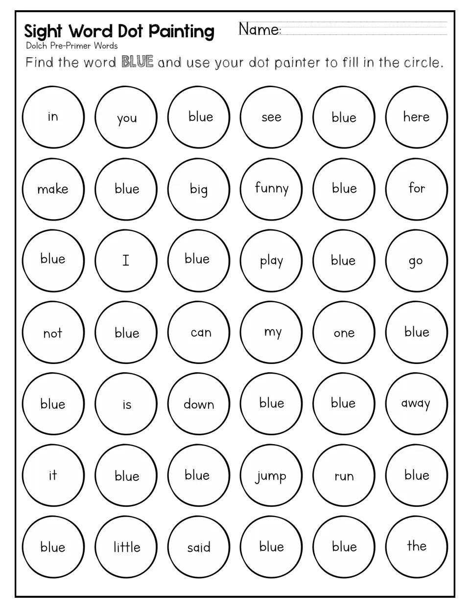 Dot-painting practice for 'blue' asks students to mark each match among words such as in, you, see, and here.