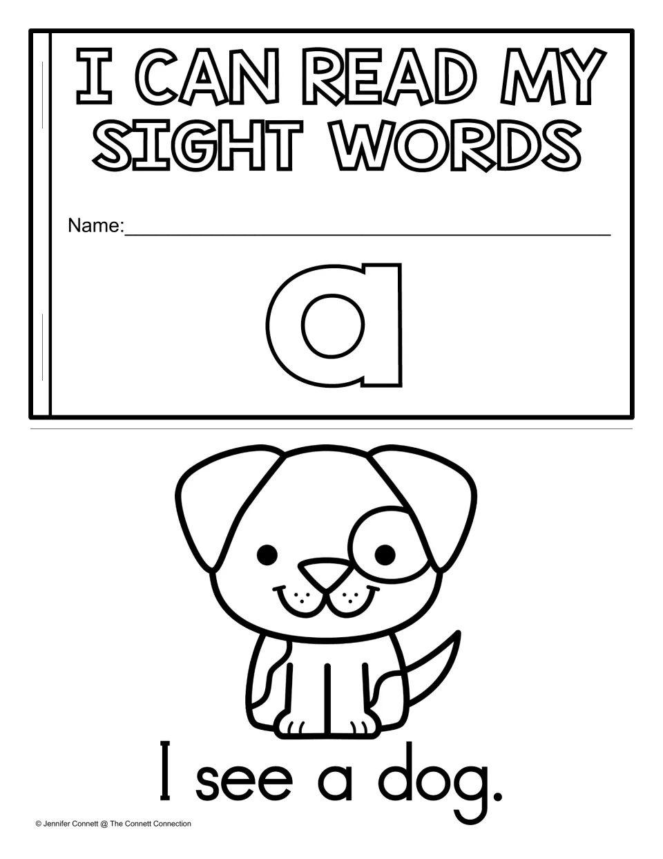 I Can Read My Sight Words mini-book cover for the word a, with a name space and a dog page reading I see a dog.