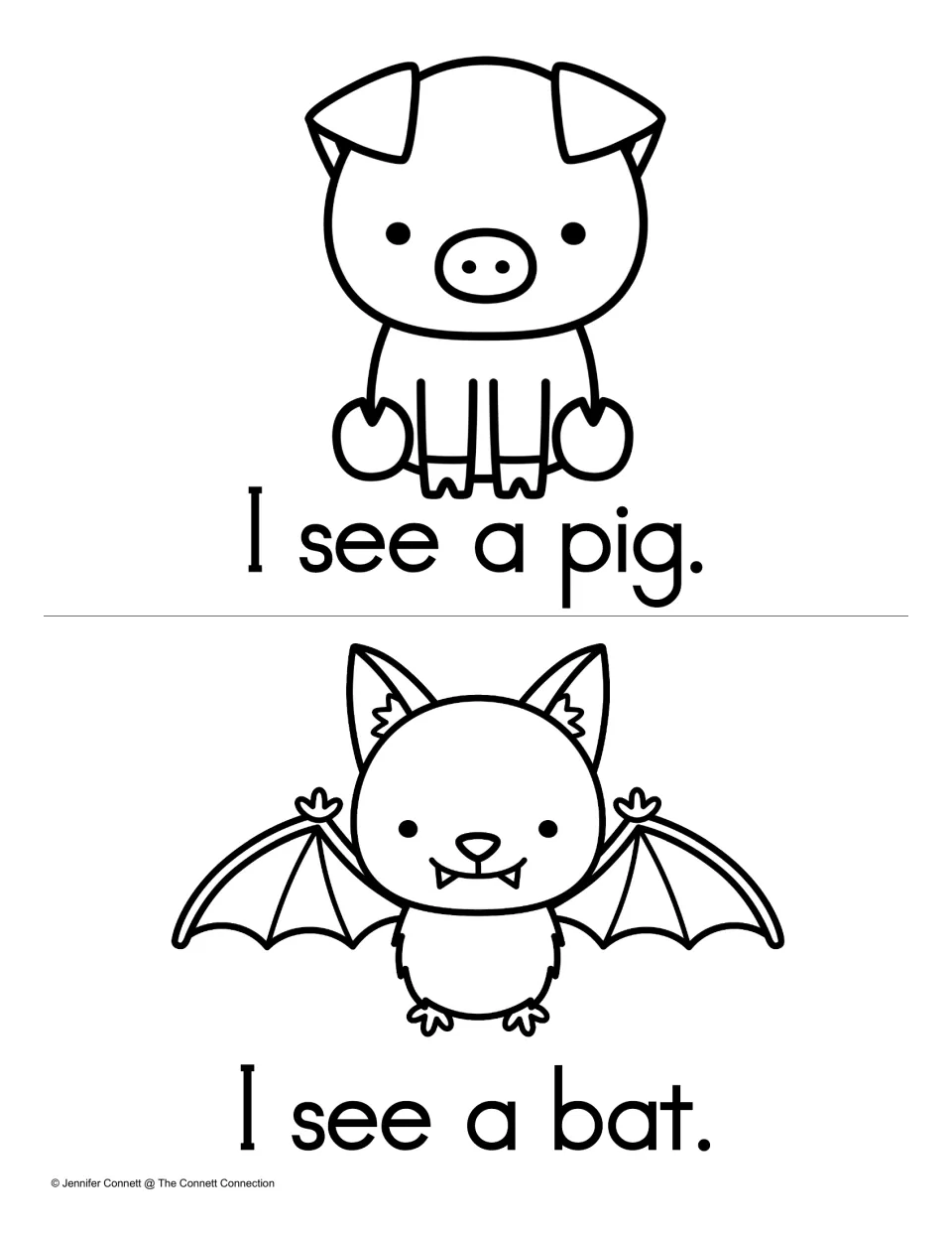 Sight word a mini-book pages: students read I see a pig. and I see a bat. under coloring pictures of a pig and a bat
