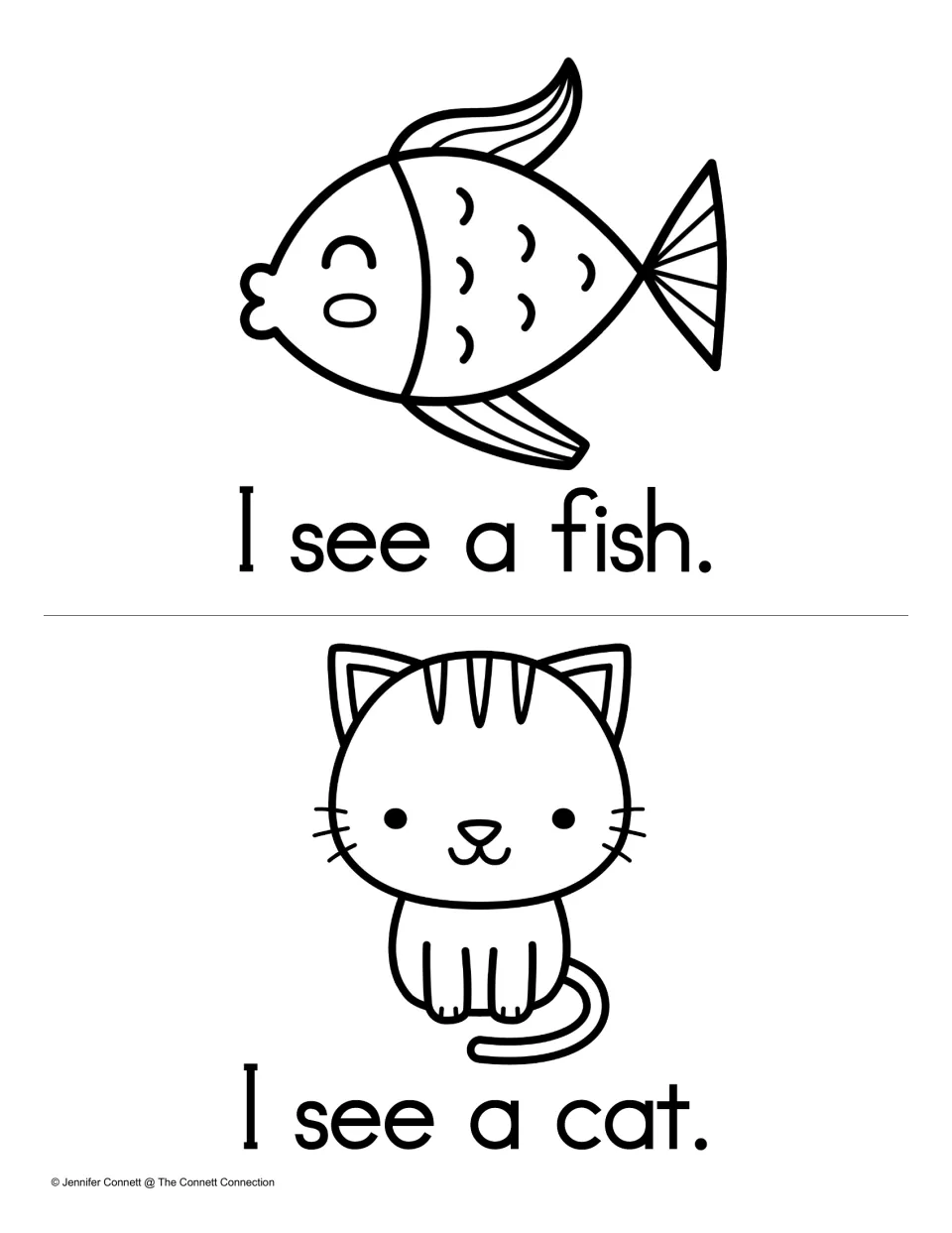 Sight word a reading practice: students read I see a fish. and I see a cat. beside outline drawings to color