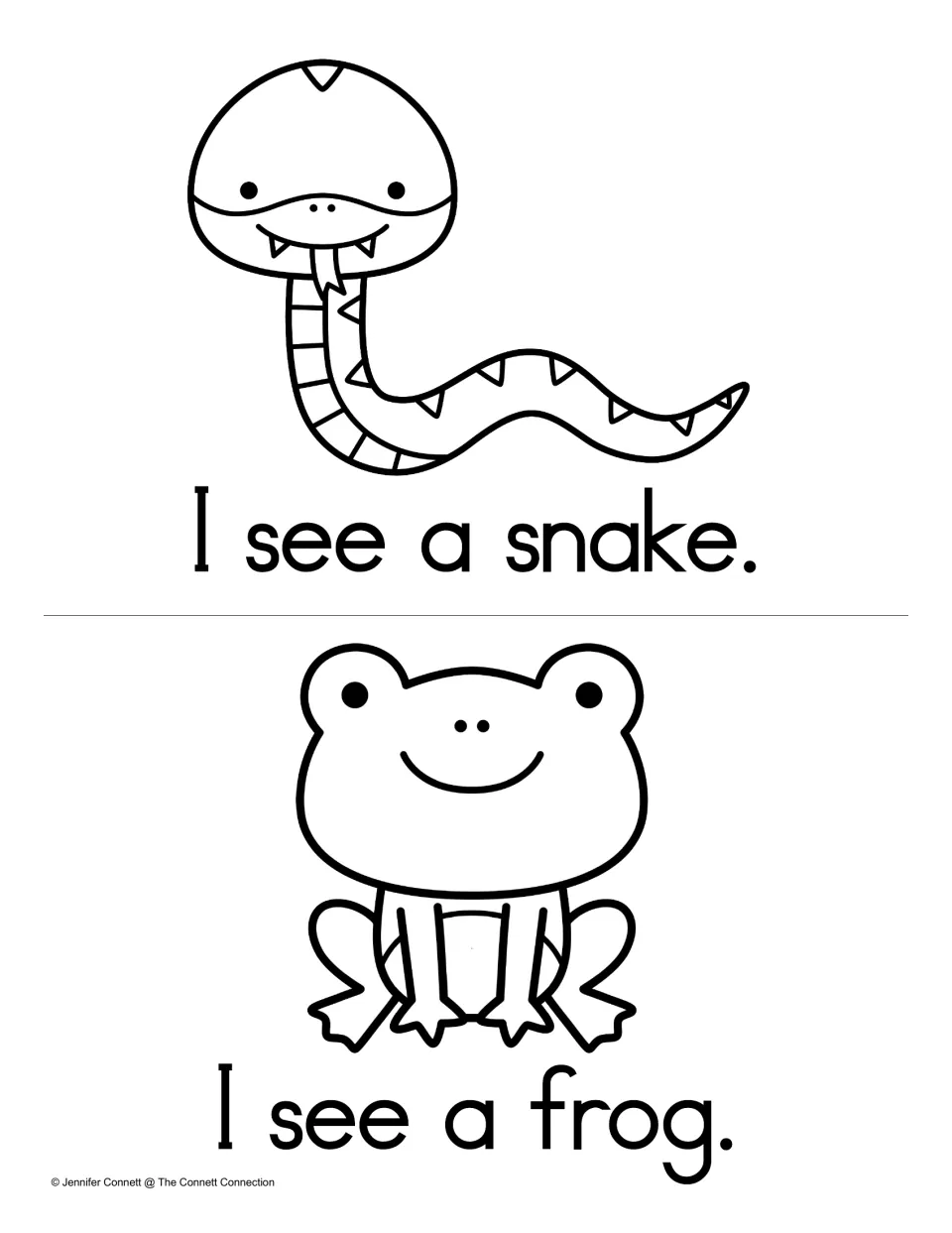 Final pages of the full-text booklet: students read I see a snake. and I see a frog. and color the snake and frog
