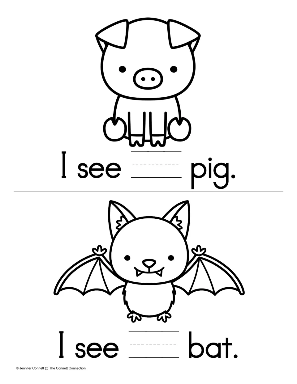 Writing the sight word a: students write a in the gap to complete I see ___ pig. and I see ___ bat. under animal pictures