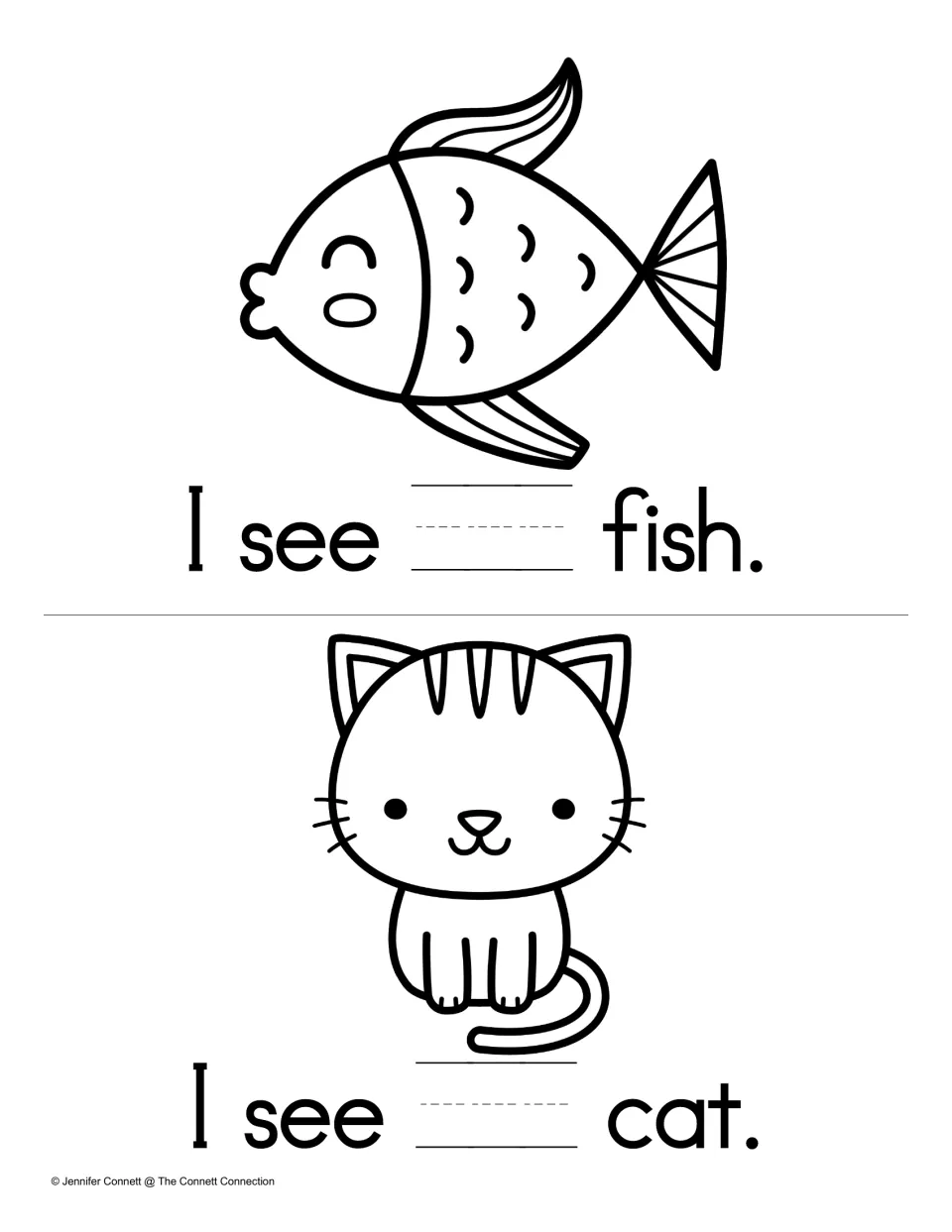 Missing-word sentences: students write a to complete I see ___ fish. and I see ___ cat., then color the fish and cat