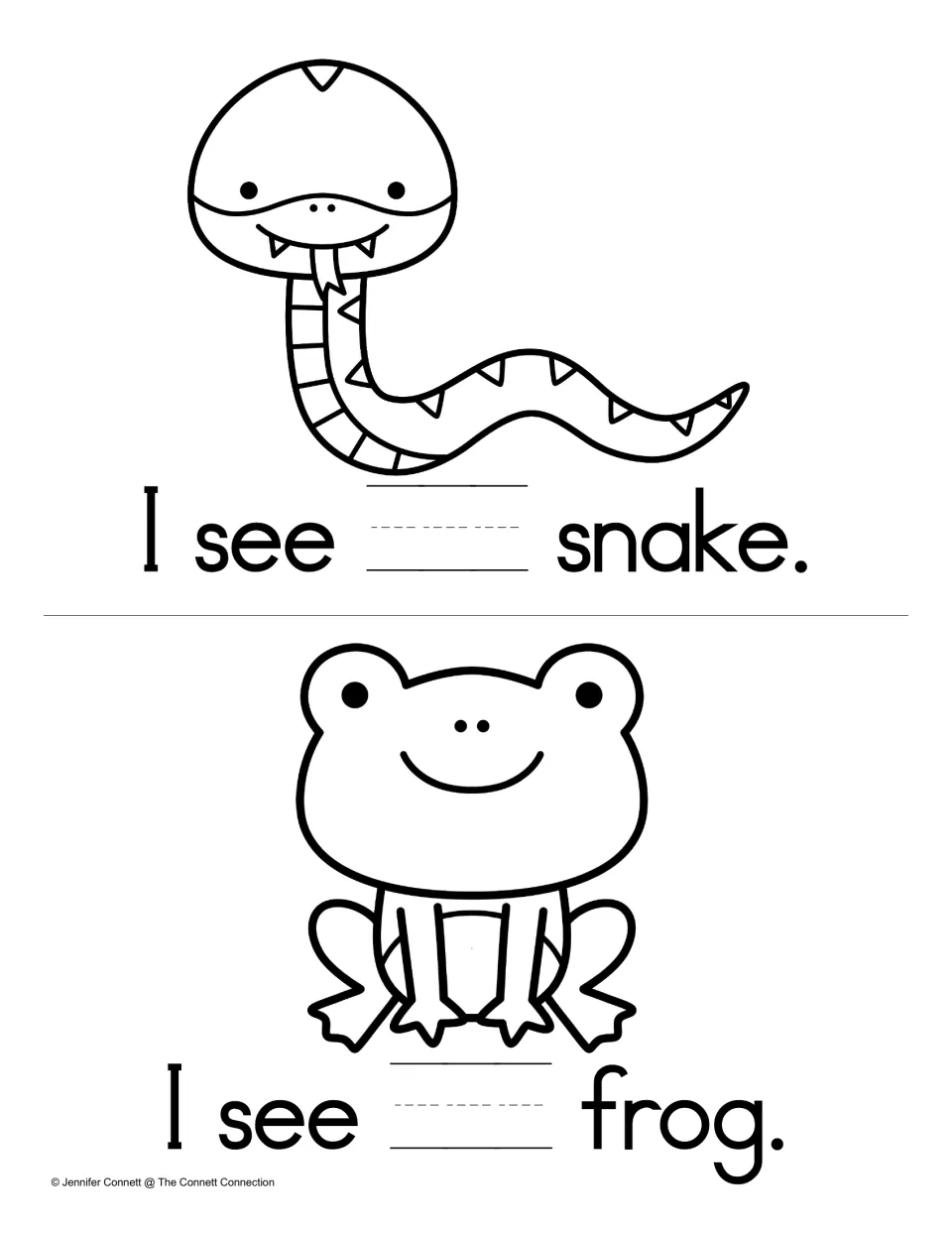 Last fill-in pages: students write the word a to complete I see ___ snake. and I see ___ frog. and color both animals