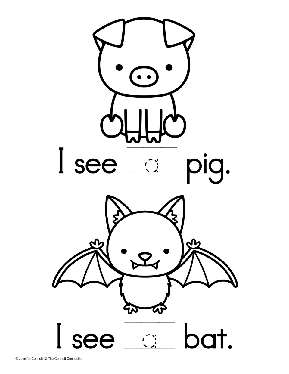 Tracing the sight word a: students trace the dotted letter a in I see a pig. and I see a bat., then color the pig and bat