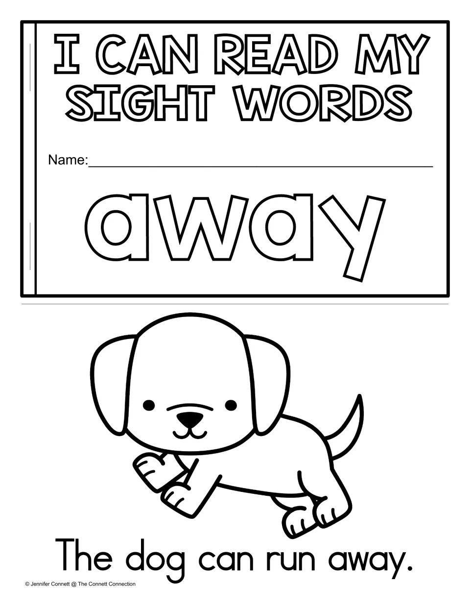 Mini-book cover "I Can Read My Sight Words: away" with name line, plus a dog page: "The dog can run away."