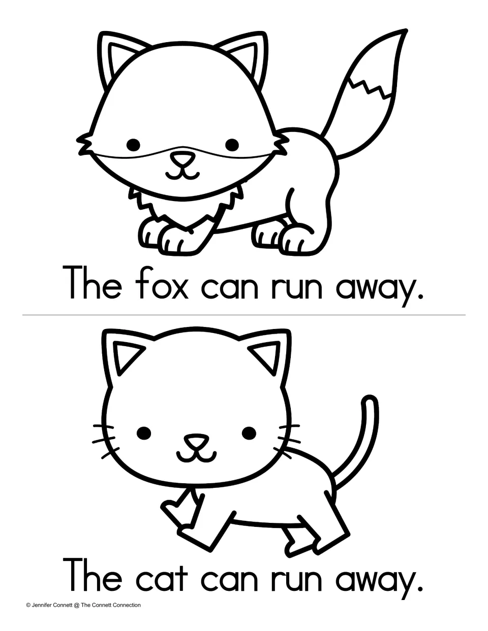 Sight word away pages: students read "The fox can run away." and "The cat can run away." beside a fox and a cat
