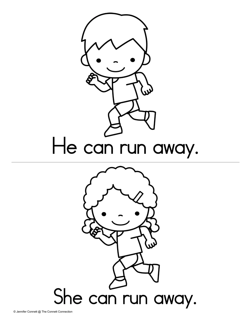 Sight word away pages: students read "He can run away." and "She can run away." under drawings of a running boy and girl