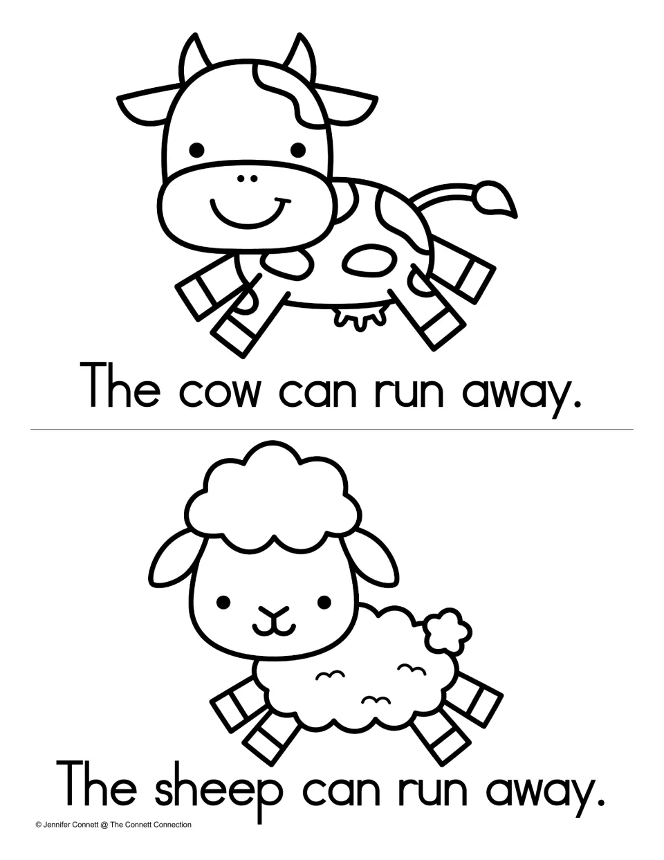 Sight word away pages: students read "The cow can run away." and "The sheep can run away." beside a cow and a sheep