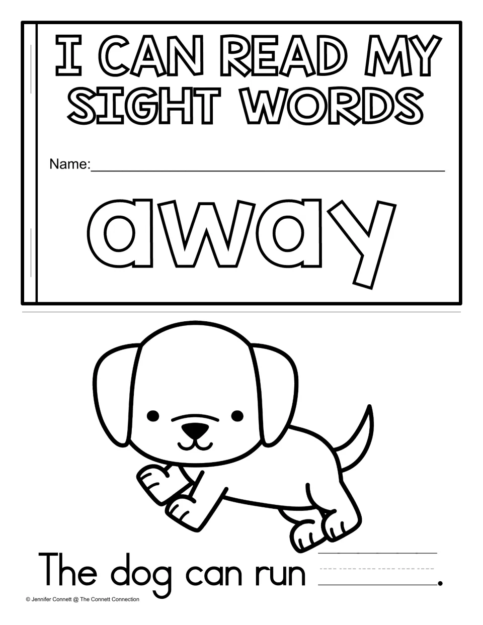 Write-in mini-book cover for the word away with name line; students write away to finish "The dog can run ___."