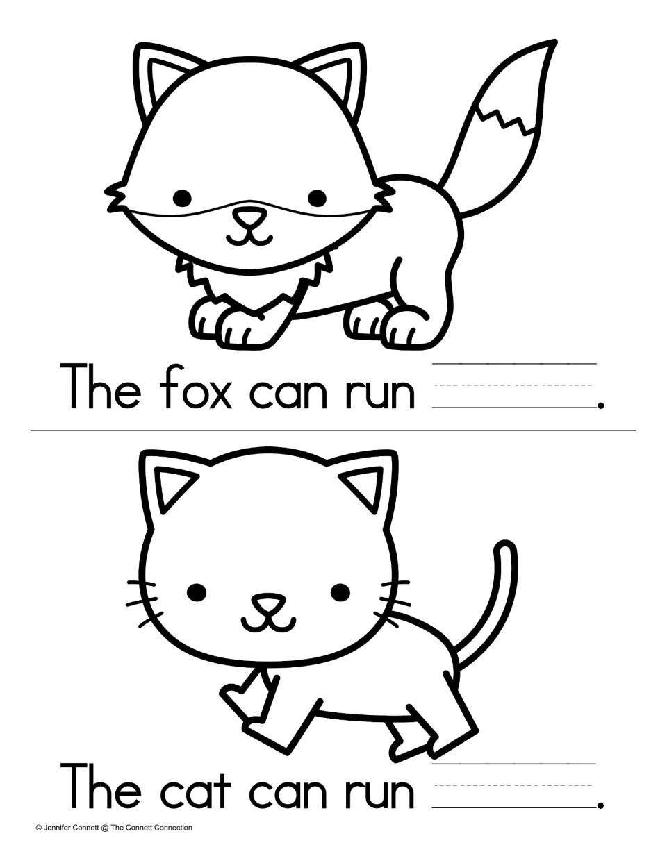 Writing the sight word away: students complete "The fox can run ___." and "The cat can run ___." on handwriting lines