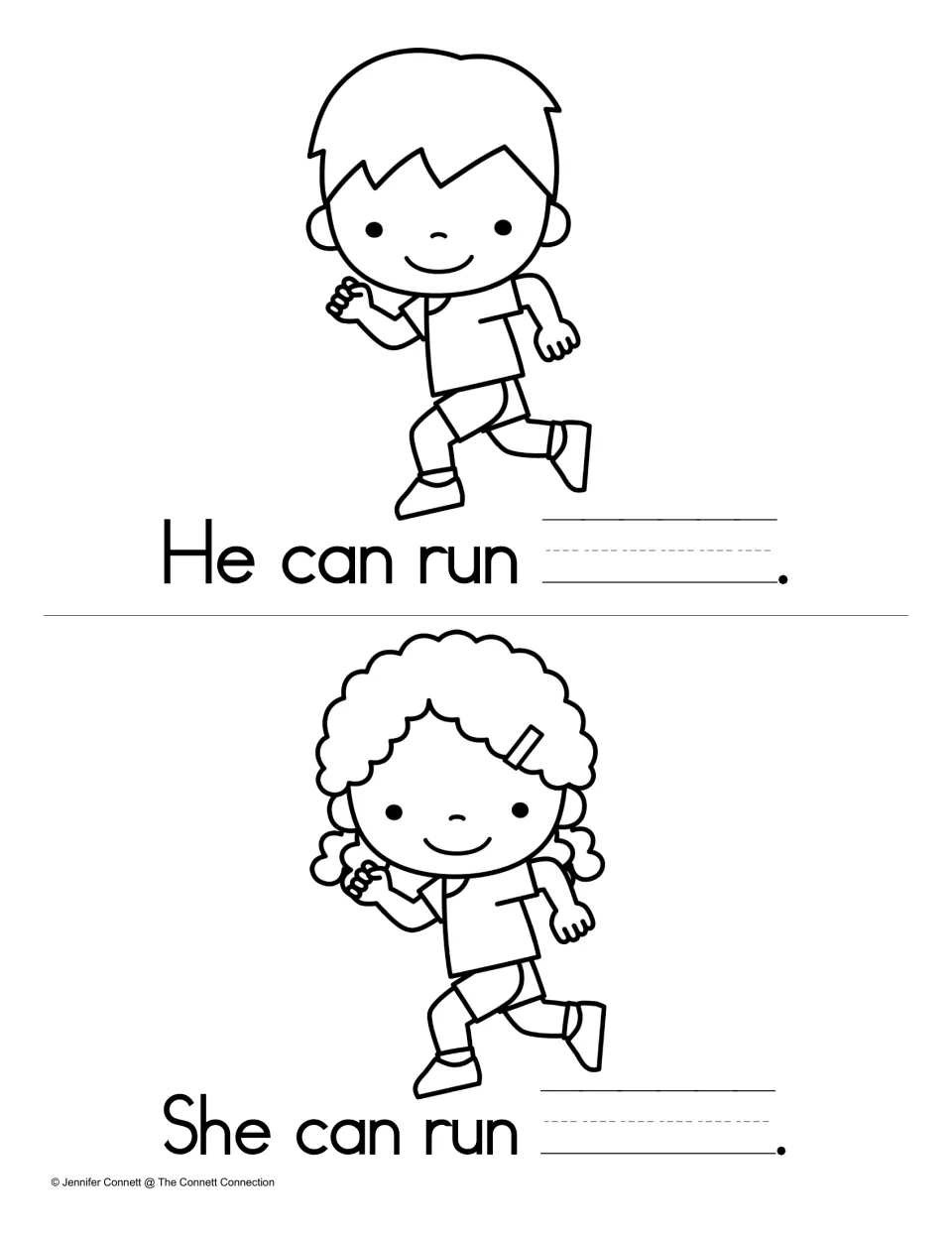 Writing the sight word away: students fill in "He can run ___." and "She can run ___." beside a running boy and girl