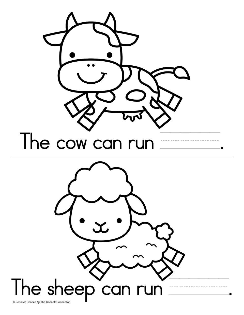 Writing the sight word away: students complete "The cow can run ___." and "The sheep can run ___." on blank lines