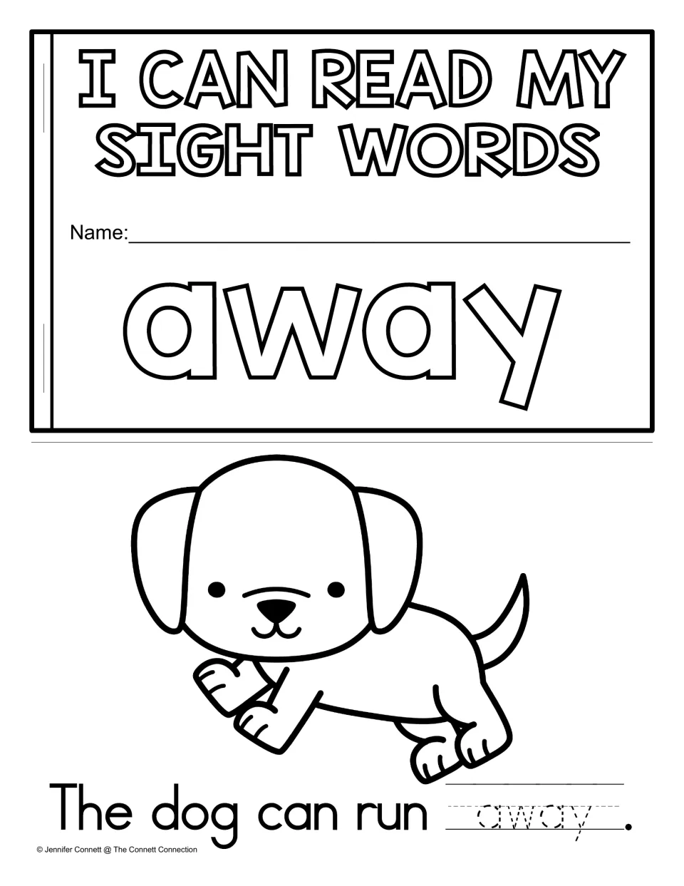 Trace mini-book cover for the word away with name line; students trace dotted away in "The dog can run away."