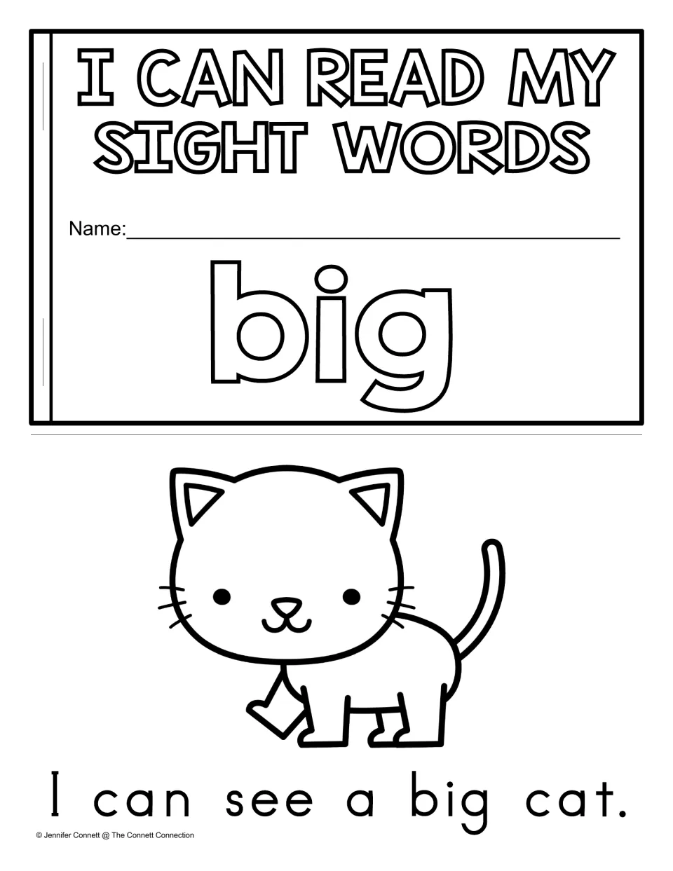 I Can Read My Sight Words mini-book cover for the word big with a name line, plus a cat page reading I can see a big cat.