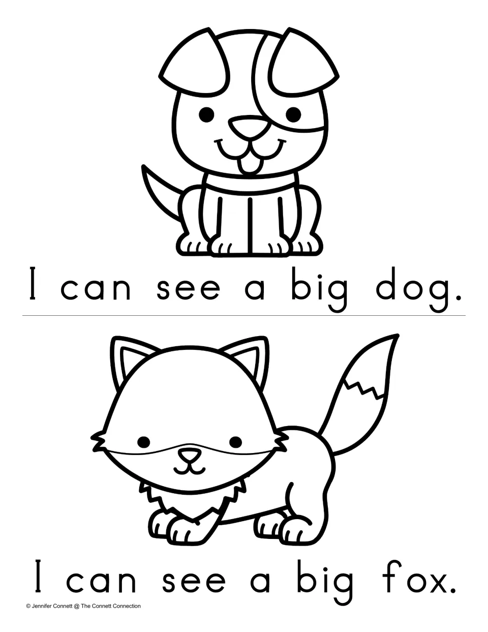 Sight word big in sentences: children read I can see a big dog and I can see a big fox, each under a dog or fox drawing