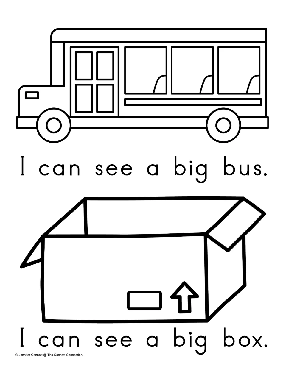 Reading the sight word big: sentences I can see a big bus and I can see a big box under a school bus and an open box